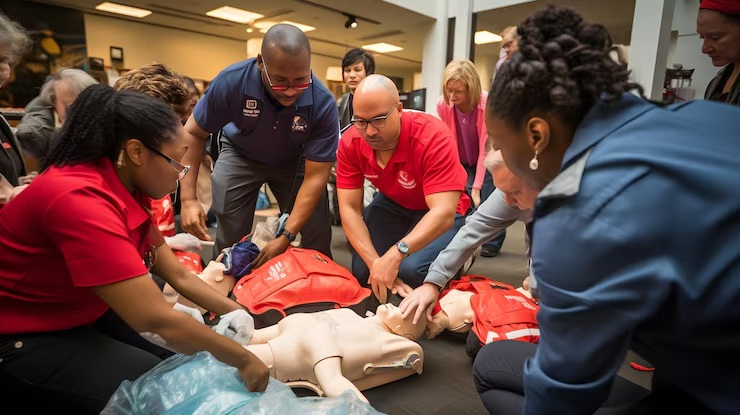 Adults learning CPR together
